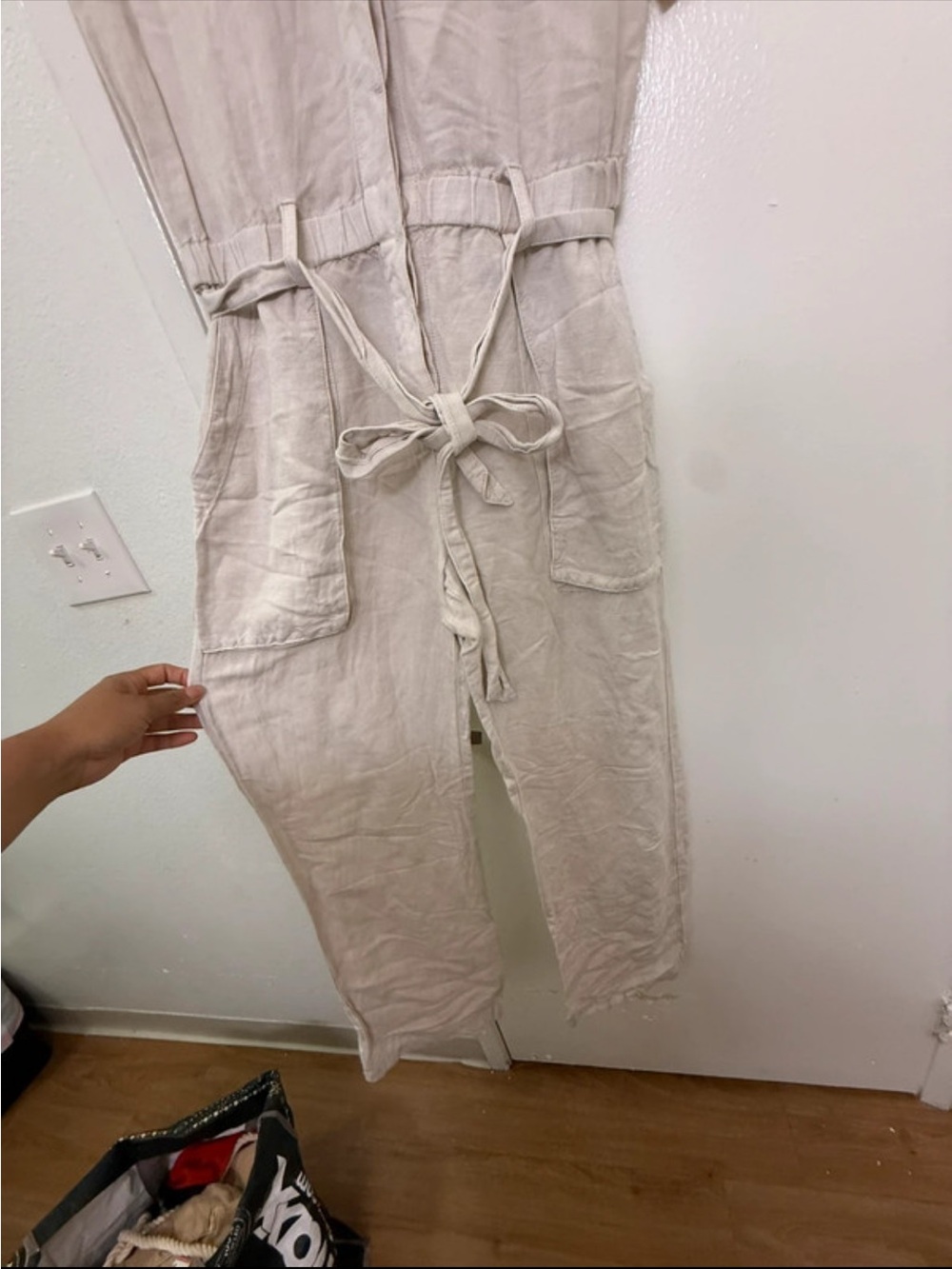 Free People Cream Linen Tie-Waist Jumpsuit